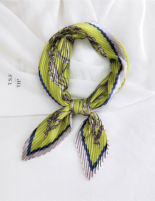 Fashion Gold Colorchain Leather Green Pleated Silk Butterfly Stripe Print Geometric Small Square Scarf