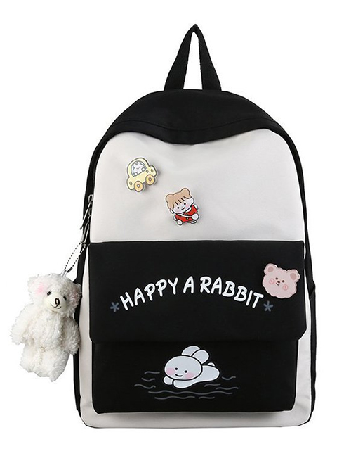 Fashion Black Send Bear Pendant Contrasting Letters Rabbit Print Backpack