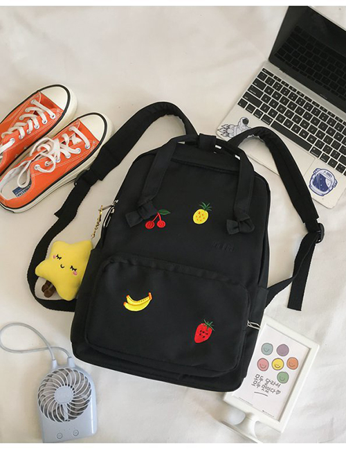 Fashion Black Star Pendant Embroidered Fruit Nylon Backpack
