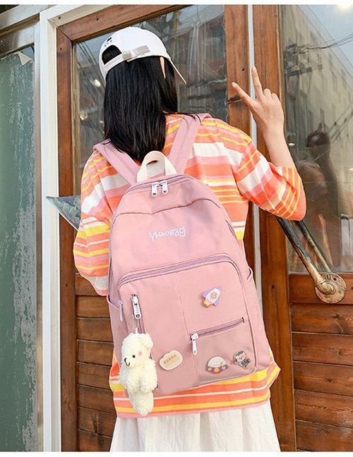 Fashion Pink Bear Pendant Transparent Stitching Nylon Cloth Letter Embroidery Backpack
