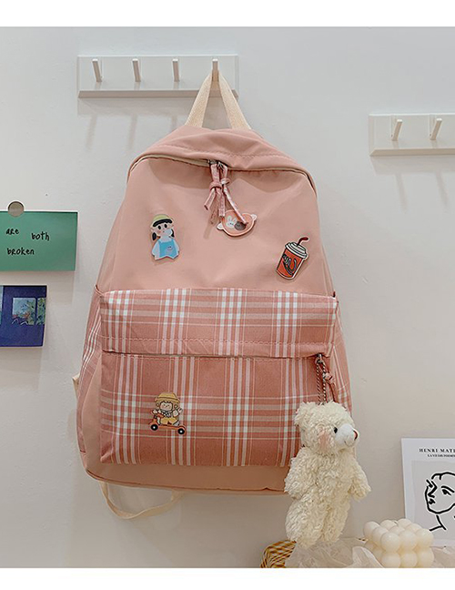 Fashion Pink Bear Pendant Contrasting Plaid Stitching Nylon Backpack