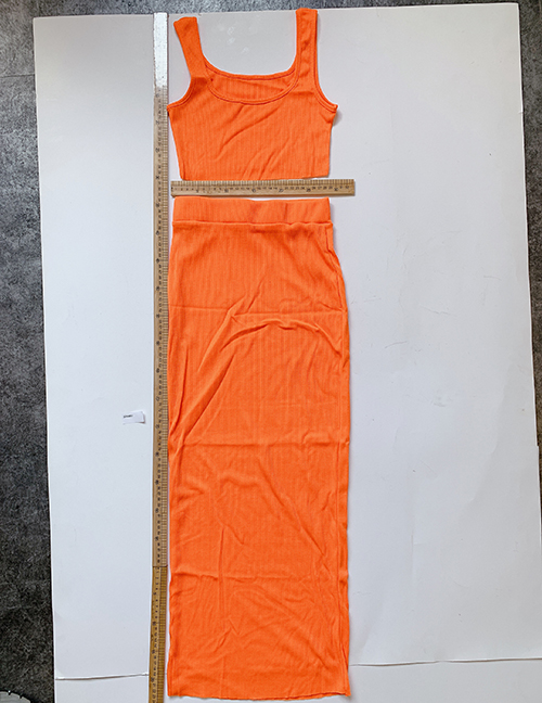 Fashion Orange Knit Vest Elastic Waist Skirt Suit