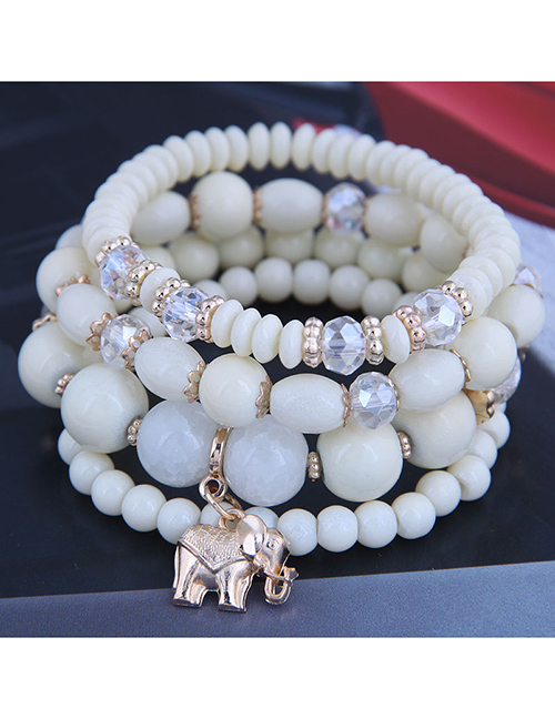 Fashion Milky White Crystal Beaded Baby Elephant Pendant Multilayer Bracelet