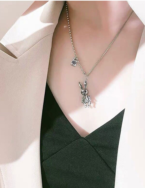 Fashion Silver Color Stainless Steel Rabbit Stitching Round Bead Chain Necklace