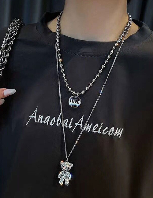 Fashion Silver Color Double Layer Necklace With Full Diamond Bear Letter Bead Chain