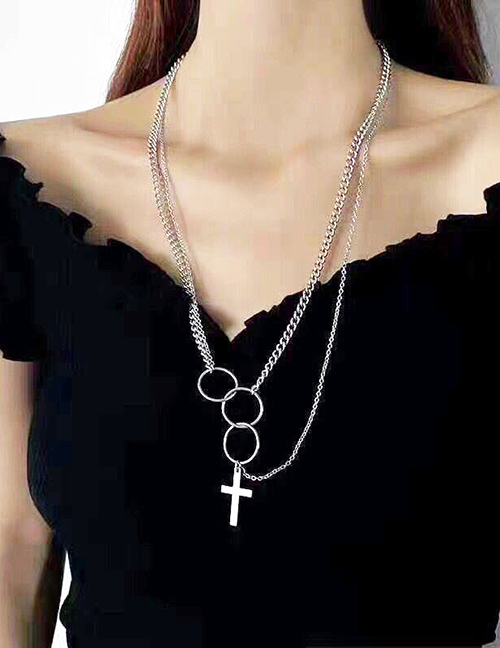 Fashion Silver Color Multi-ring Cross Stainless Steel Multilayer Necklace