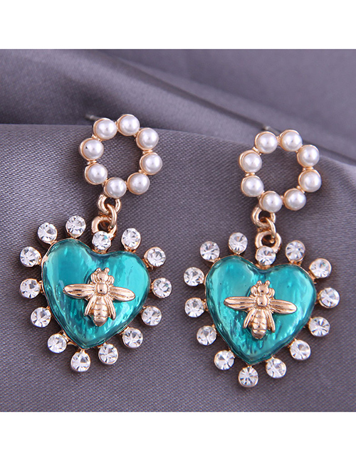 Fashion Blue Diamond Peach Heart Pearl Bee Alloy Stud Earrings