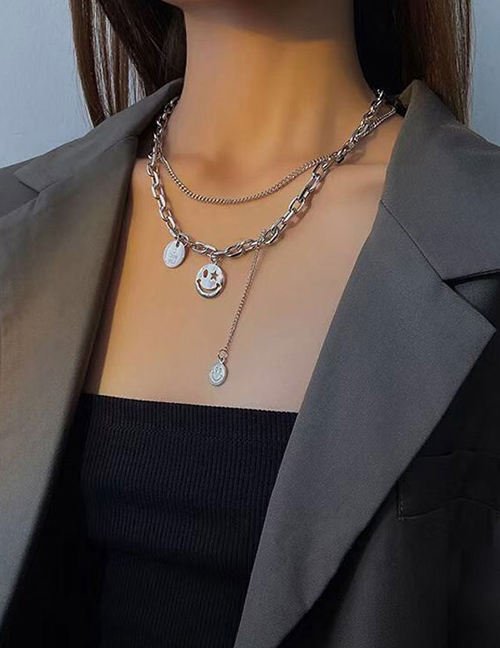 Fashion Silver Smiley Face Stainless Steel Tassel Double Layer Necklace