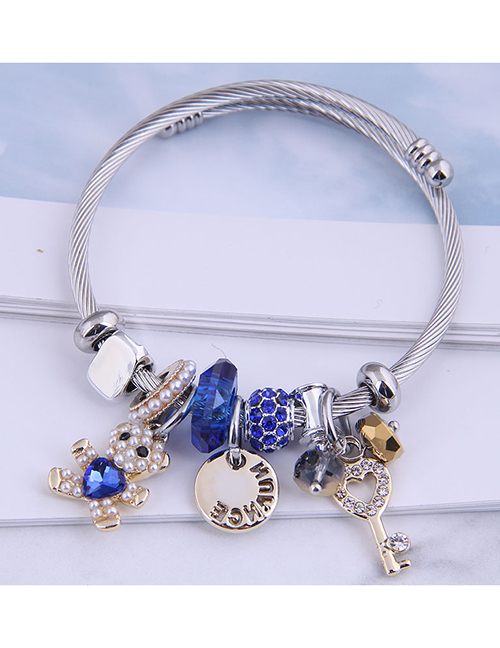 Fashion Blue Bear Disc Key Diamond Pearl Bracelet