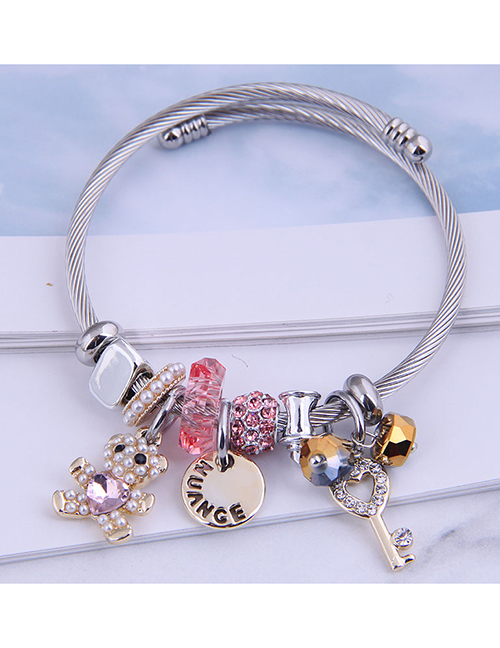 Fashion Pink Bear Disc Key Diamond Pearl Bracelet