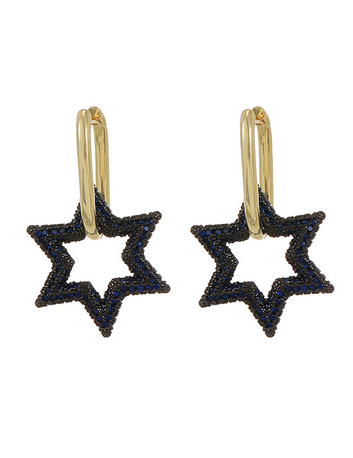 Fashion Navy Blue Copper Inlaid Zircon Hexagonal Star Stud Earrings