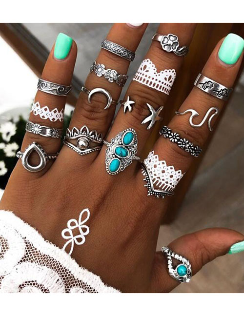 Fashion Alloy Alloy Carved Turquoise Geometric Ring Set