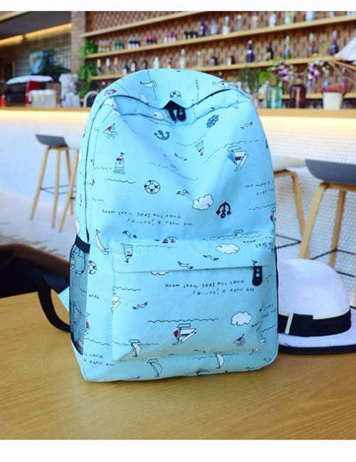 Fashion Sky Blue Canvas Sailboat Print Backpack
