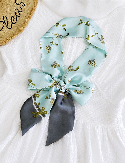 Fashion White Flowers And Grass Light Blue Satin Printed Bow Ribbon Long Ribbon Silk Scarf
