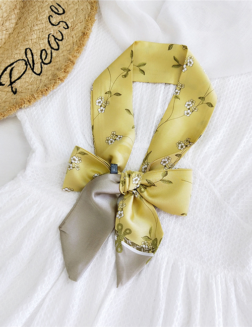 Fashion White Flowers And Yellow Satin Printed Bow Ribbon Long Ribbon Silk Scarf