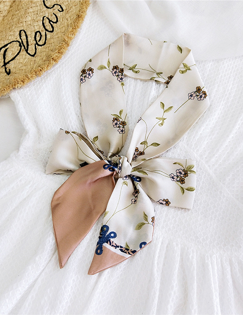Fashion White Flowers And Grass Beige Satin Printed Bow Ribbon Long Ribbon Silk Scarf