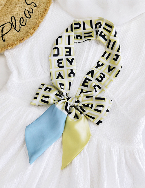 Fashion Alphabet Yellow Blue Satin Printed Bow Ribbon Long Ribbon Silk Scarf