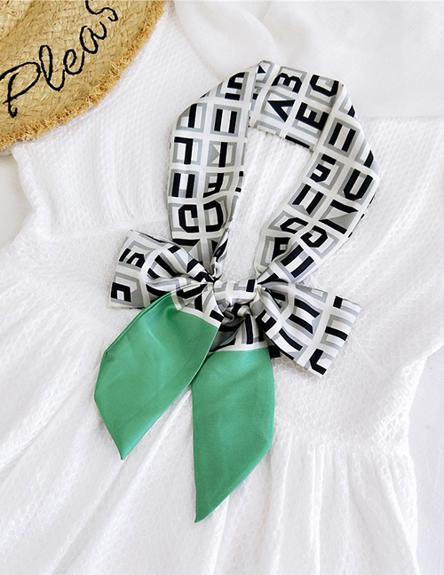 Fashion Alphabet Green Satin Printed Bow Ribbon Long Ribbon Silk Scarf