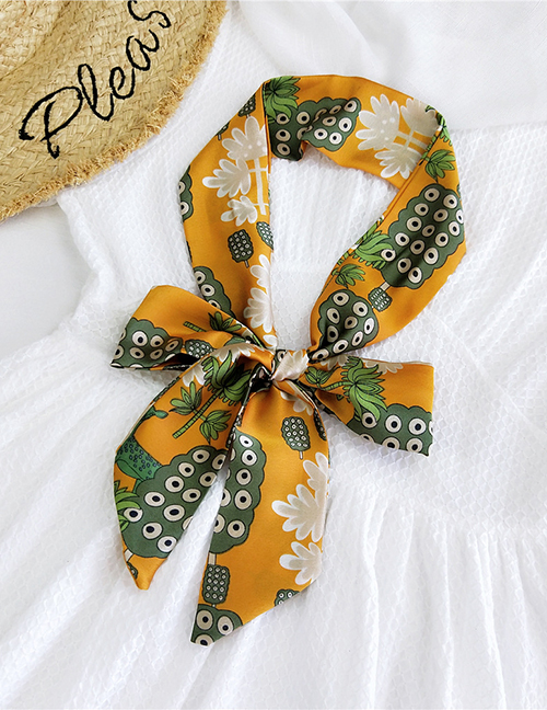 Fashion Deer Lotus Orange Satin Printed Bow Ribbon Long Ribbon Silk Scarf