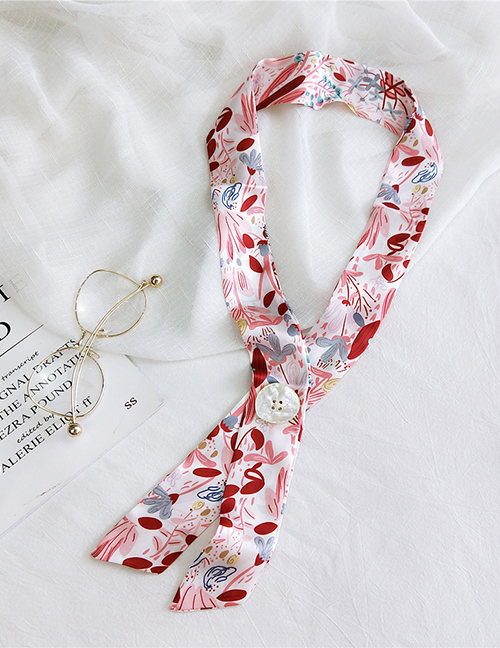 Fashion Button Watercolor Red Leaves Buttoned Narrow Strip Printed Small Silk Scarf