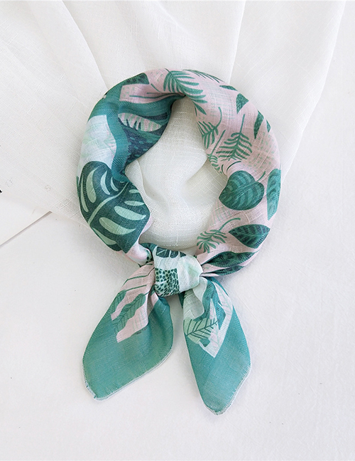 Fashion Cotton Four Grid Leaf Green Thin Cotton And Linen Print Small Square Scarf