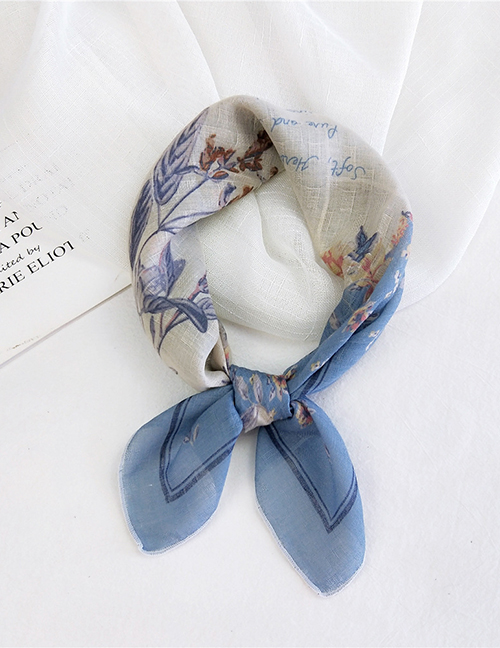 Fashion Cotton English Flower Blue Edge Thin Cotton And Linen Print Small Square Scarf