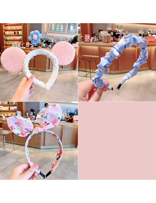 Fashion Pink Ear Blue Flower Three-piece Suit Fabric Bowknot Checkered Net Yarn Printing Knotted Wide Side Childrens Headband
