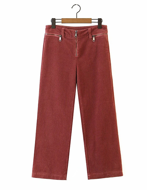 Fashion Brick Red Corduroy Zipper Solid Color Wide-leg Trousers