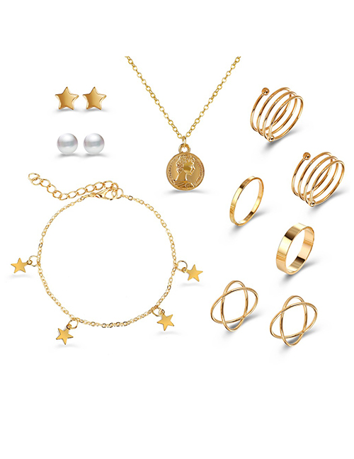 Fashion Golden Pentagram Pearl Geometric Alloy Ring Earrings Necklace Set