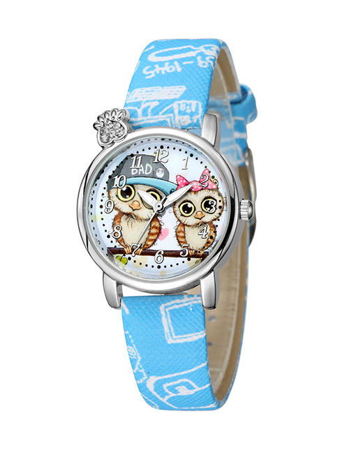 Fashion Sky Blue Owl Pattern Diamond Belt Children Watch