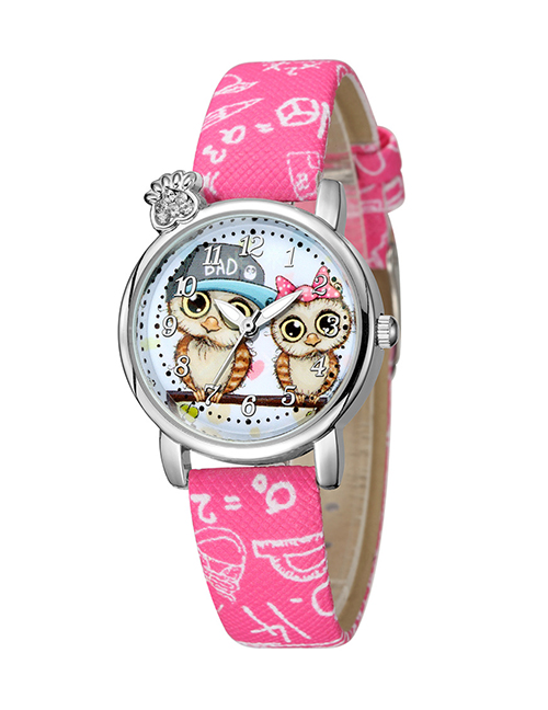 Fashion Rose Red Owl Pattern Diamond Belt Children Watch
