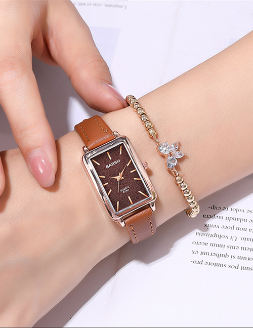Fashion Brown Belt Brown Surface Rectangular Case Thin Strap Quartz Watch