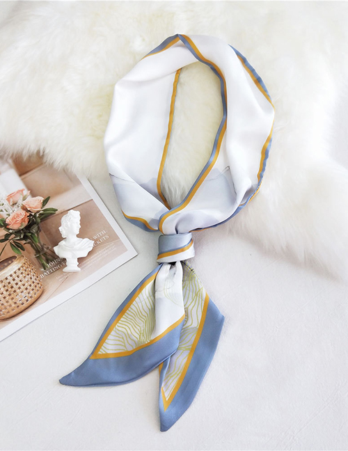 Fashion Landscape Mountains And Rivers Light Blue Double-sided Bevel Printed Satin Knotted Small Silk Scarf
