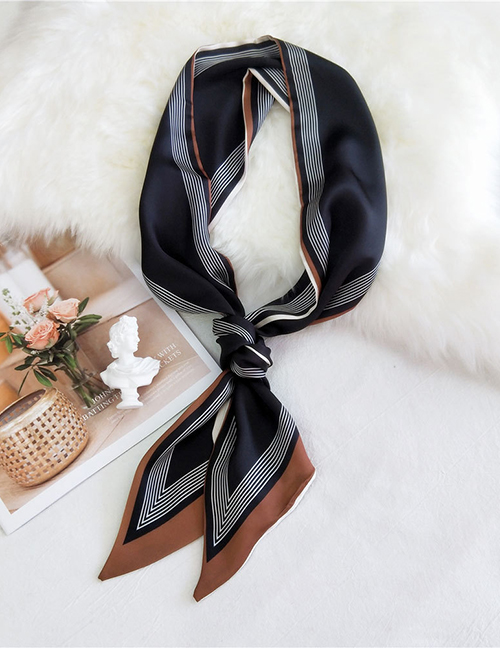 Fashion Thin Line Frame Black Double-sided Bevel Printed Satin Knotted Small Silk Scarf