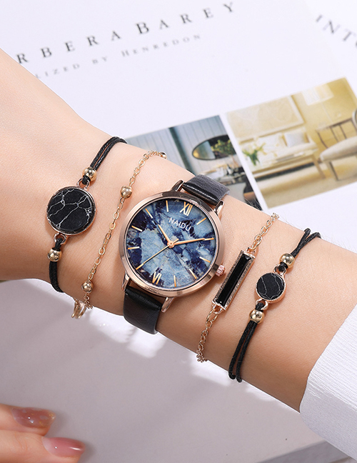Fashion Blue Surface Marble Surface Pu Thin Belt Quartz Watch