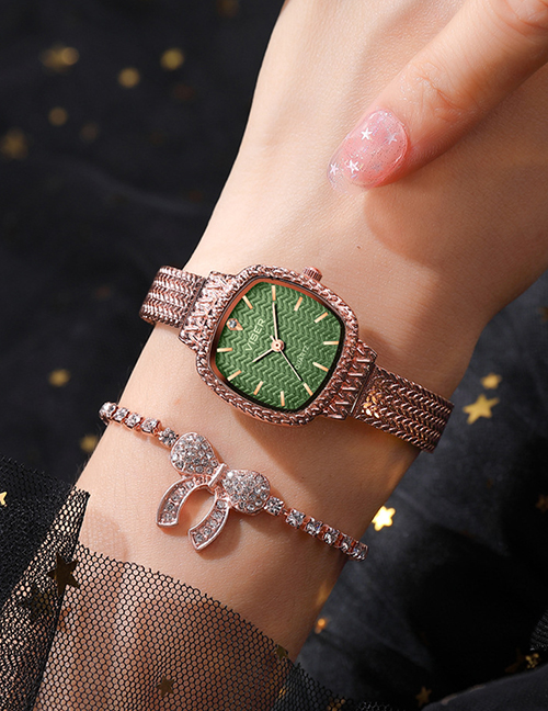 Fashion Green Square Stainless Steel Bracelet Watch With Chain Subdial