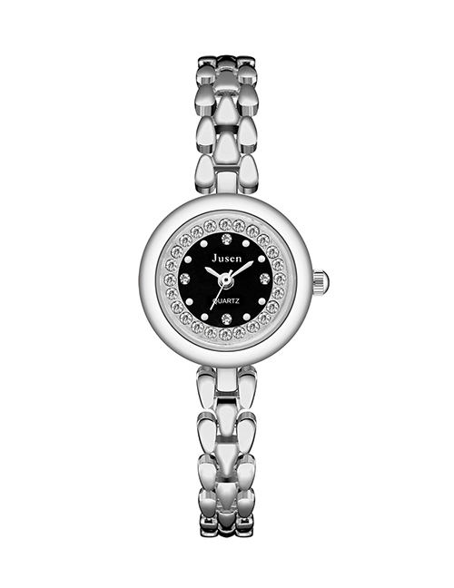 Fashion Silver With Black Face Small Dial Thin Strap Set Diamond English Bracelet Watch