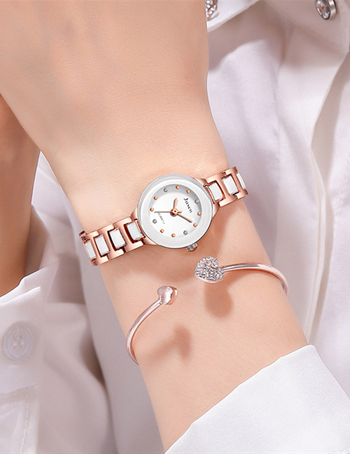 Fashion Rose Gold White Noodles Alloy Thin Disc Water Diamond Bracelet Watch