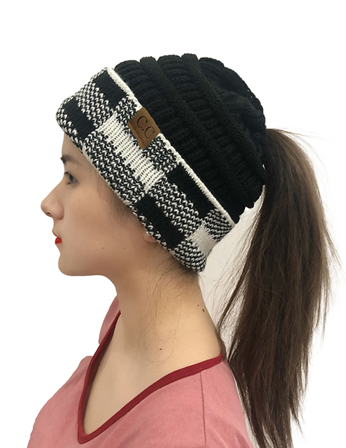 Fashion Black+white Grid Letter Logo Large Lattice Curled Knit Ponytail Hat