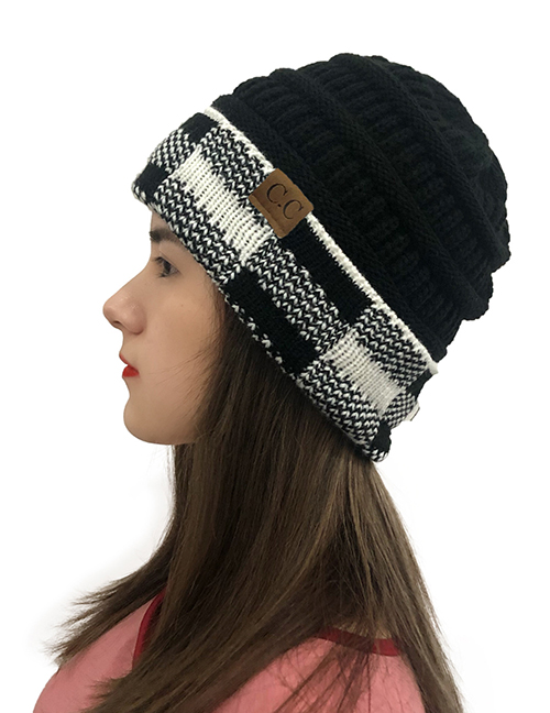 Fashion Black+white Grid Wool Big Square Lattice Curled Edge Color Matching Warm Knitted Hat