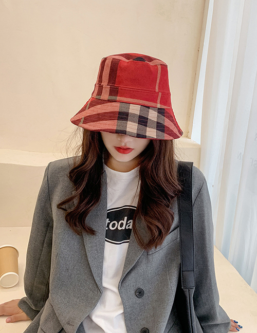 Fashion Wine Red Plaid Suede Foldable Fisherman Hat