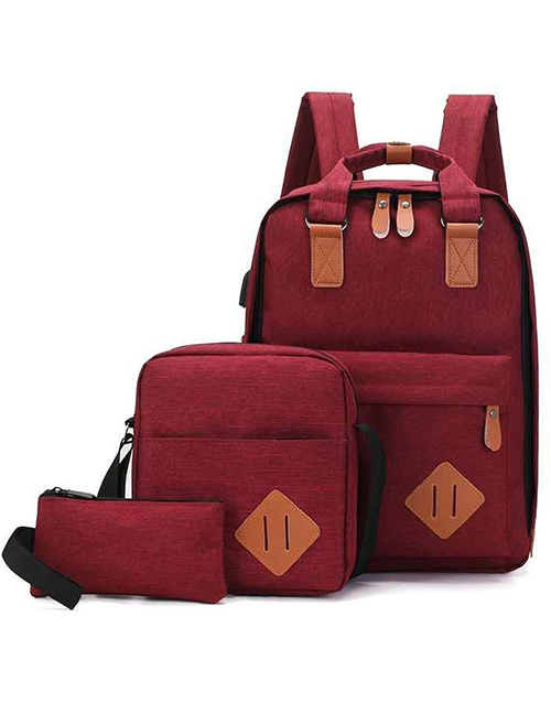 Fashion Red Stitching Nylon Fabric Backpack Three-piece Set
