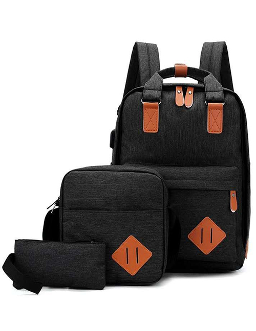 Fashion Black Stitching Nylon Fabric Backpack Three-piece Set