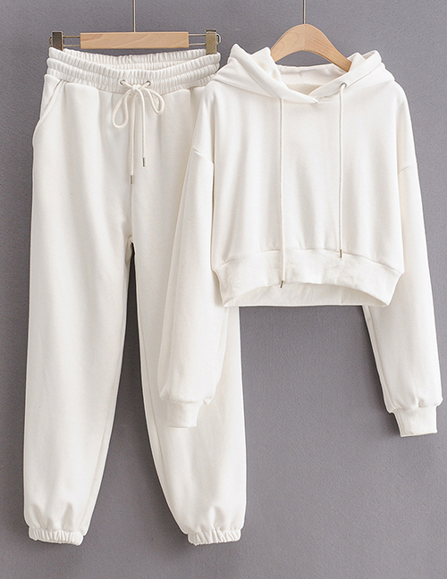 Fashion White Pure Color Plus Fleece Hooded Short Sweater + Lace-up Straight-leg Pants Trouser Suit
