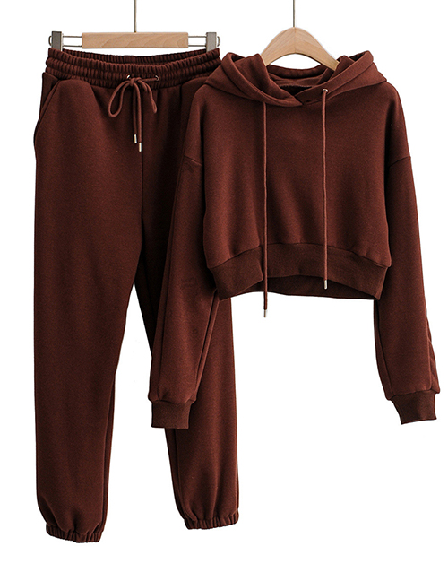 Fashion Coffee Color Pure Color Plus Fleece Hooded Short Sweater + Lace-up Straight-leg Pants Trouser Suit