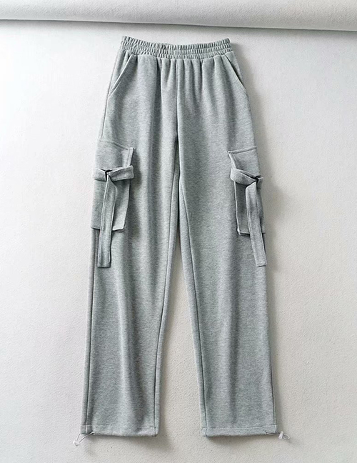 Fashion Light Gray Solid Color Stitching Elastic Waist Sports Straight-leg Pants