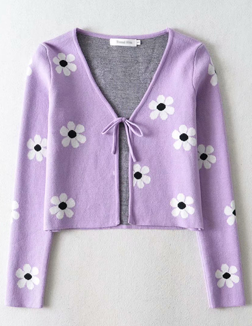 Fashion Purple Floral Print Long-sleeved Lace-up Knitted Cardigan