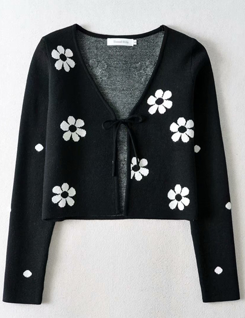Fashion Black Floral Print Long-sleeved Lace-up Knitted Cardigan