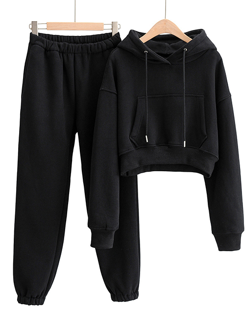 Fashion Black Pure Color Hooded Long-sleeved Sweater + Drape Wide-leg Pant Suit