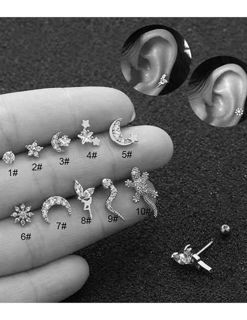Fashion Five-pointed Star Silver Stainless Steel Thin Rod Screw Micro-inlaid Zircon Geometric Earrings